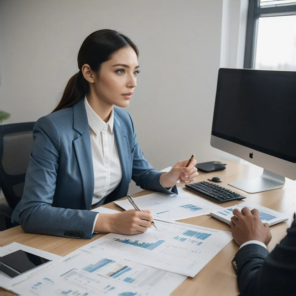 An image illustrating professional accounting services in a business context. The central theme focuses on showcasing a trusted and efficient financial management process. Key elements include a confident accountant or consultant interacting with a client, surrounded by modern tools such as a laptop, financial reports, and a calculator. The setting is an organized office space, emphasizing precision and professionalism. Subtle indicators like documents with graphs or charts and a friendly yet professional atmosphere highlight the company's value proposition of reliability and expertise in accounting services.