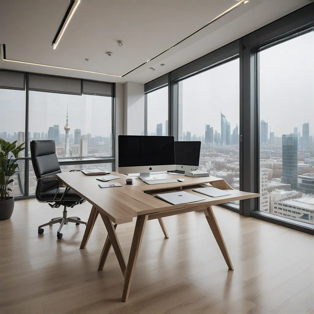 A captivating scene that symbolizes professionalism and trustworthiness in accounting services, designed to immediately engage visitors. The image should feature a confident business professional working at a modern desk, surrounded by essential accounting tools such as documents, a laptop, and a calculator. In the background, a subtle hint of a dynamic office environment with large windows and a clear view of a Kazakh cityscape, showcasing modern architecture, highlights the local context of the company. The overall composition should convey reliability and the ability to handle complex financial tasks efficiently.